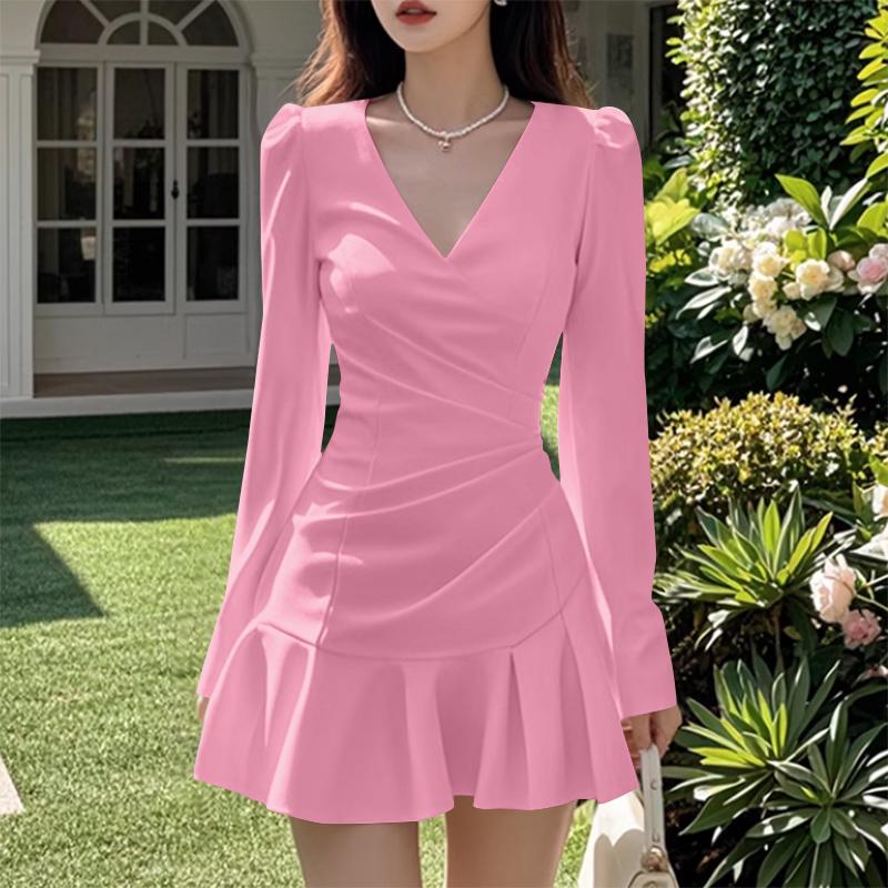 VONDA Женские элегантные платья с V-образным вырезом, плиссировкой и длинными рукавами, оборками по подолу