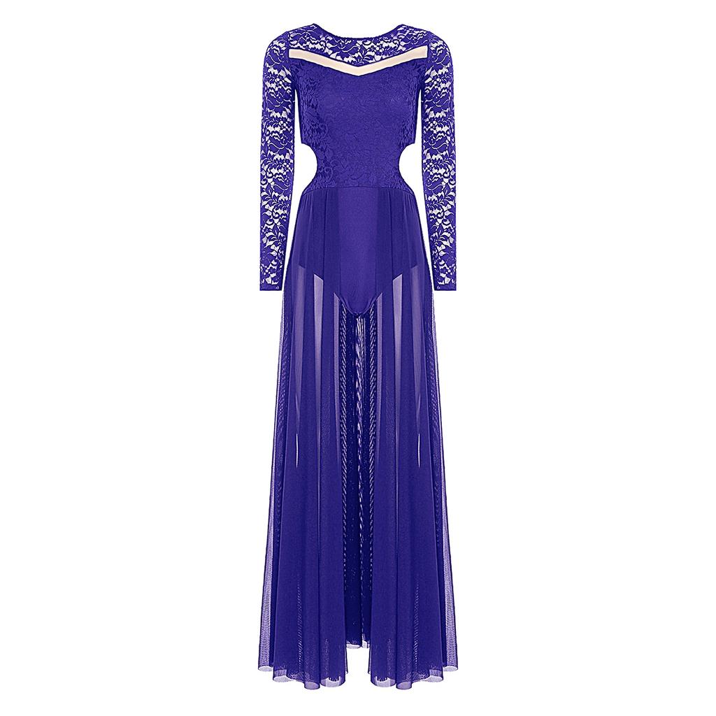 Женское платье для лирического танца с лоскутным цветочным кружевом, длинный рукав, вырезы по бокам талии, спина открыта, струящаяся сетка, платье для выступлений