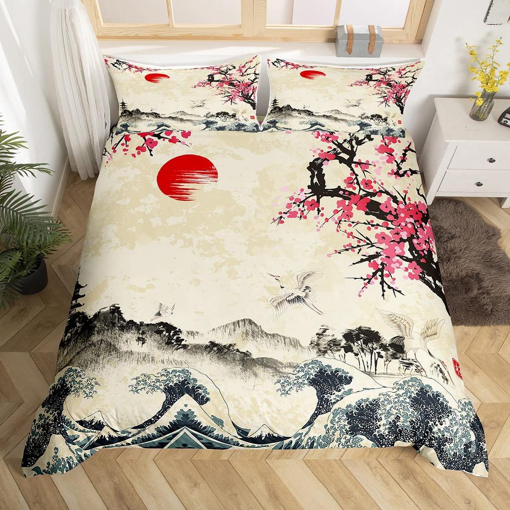 Crane Bedding Set Girl Cherry Blooming Fuji Mountain Sun Duvet Cover Kids Women Lotus Floral Comforter Cover Watercolor Decor