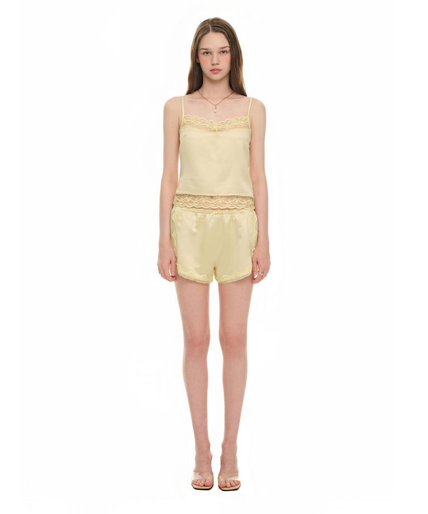 TOOMUCHTAX Lace Trim Slip Shorts Yellow