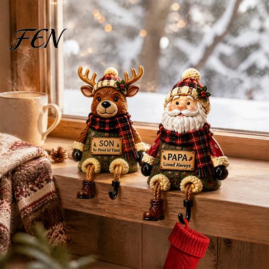 Christmas Character Statue Stocking Holder, Mantel Resin Sitting Leg Hook, Holiday Decoration Ornament Festive for Home Fireplace Display Unique