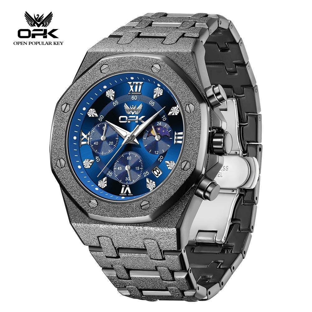OPK 8196 Luxury Quartz Watch for Man Chronograph Steel Strap Luminous Auto Date Moon Phase Men’s Dress Wristwatch