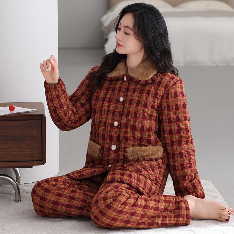 Пижама женская зимняя тканая из чистого хлопка с подкладкой большого размера зимний трехслойный утолщенный бархатный клетчатый комплект для дома