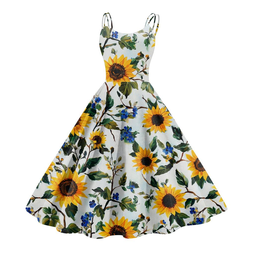 Women's Casual Fashion Flower Print Sexy Off Shoulder Punk Retro Dress Retro Dress Dress