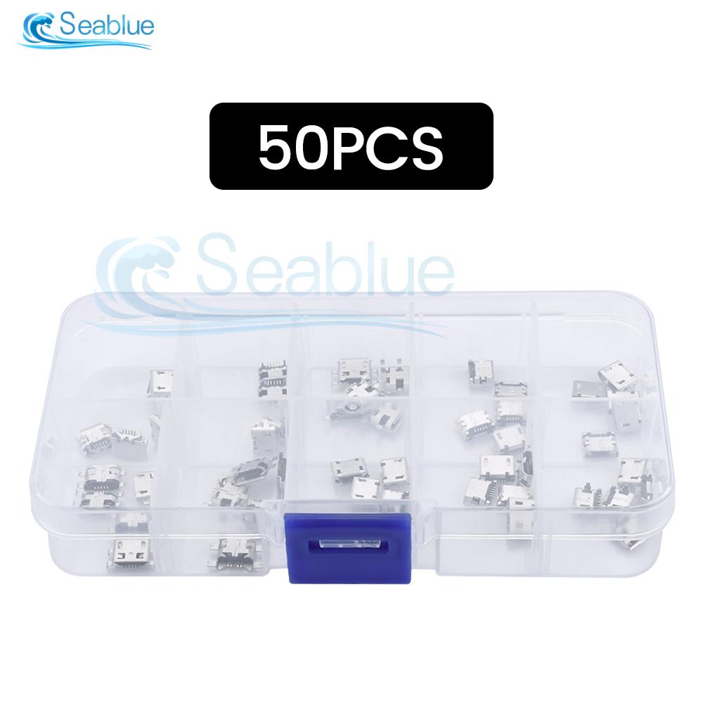 50/100PCS USB Connector Set All Copper Micro-USB 5 Pin Socket Jack 10 Models USB Socket Female Chassis Connector Wire Connectors