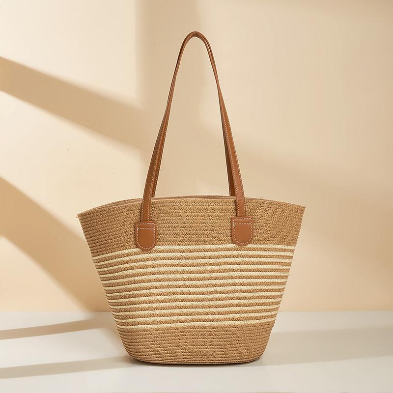 Women Fashion Striped Summer Beach Straw Knitting Shoulder Bag Hollow Out Handwoven Handbags Portable Large Capacity Casual Tote AVE