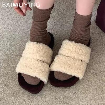 Меховые балетки женские тапочки дизайнер квадратный носок короткие плюшевые повседневные туфли 2025 тренд прогулки уютный дом зима новинка Mujer Zapatillas