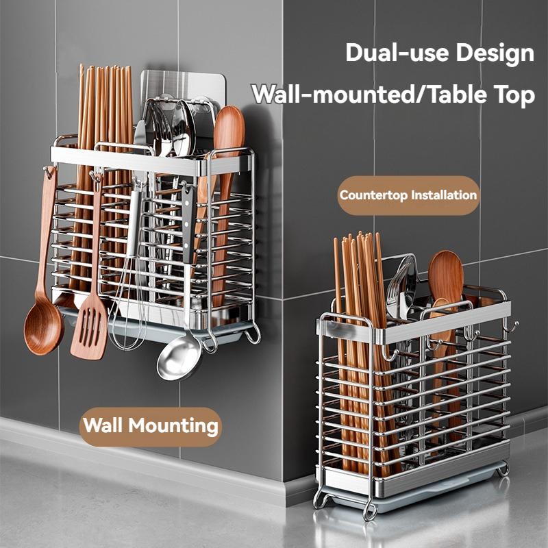 Wall-Mounted Stainless Steel Chopsticks Cage Hollow Drain Cutlery Holder with Hooks Spoon Fork Tableware Rack Kitchen Organizer