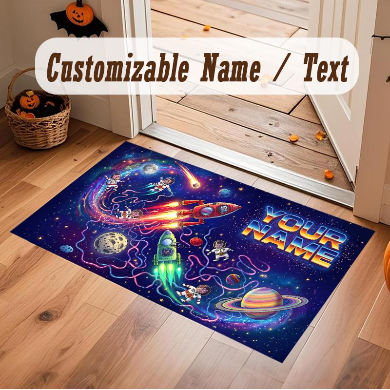 Astronaut Space Theme Soft Crystal Velvet Rug Custom Name & Text Print Non Slip Floor Rug for Bedroom Living Room