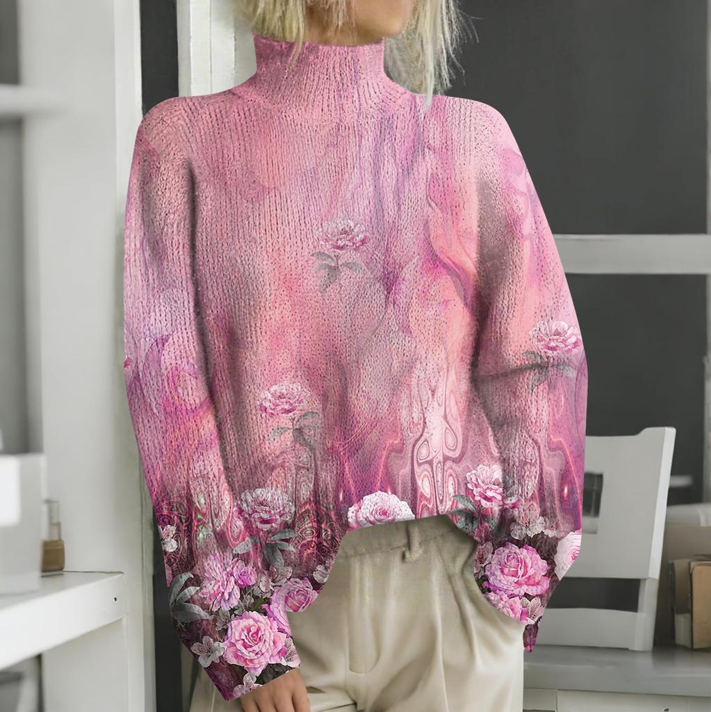 Женская мода повседневная с длинным рукавом и принтом, с высоким воротом, шерстяной трикотаж