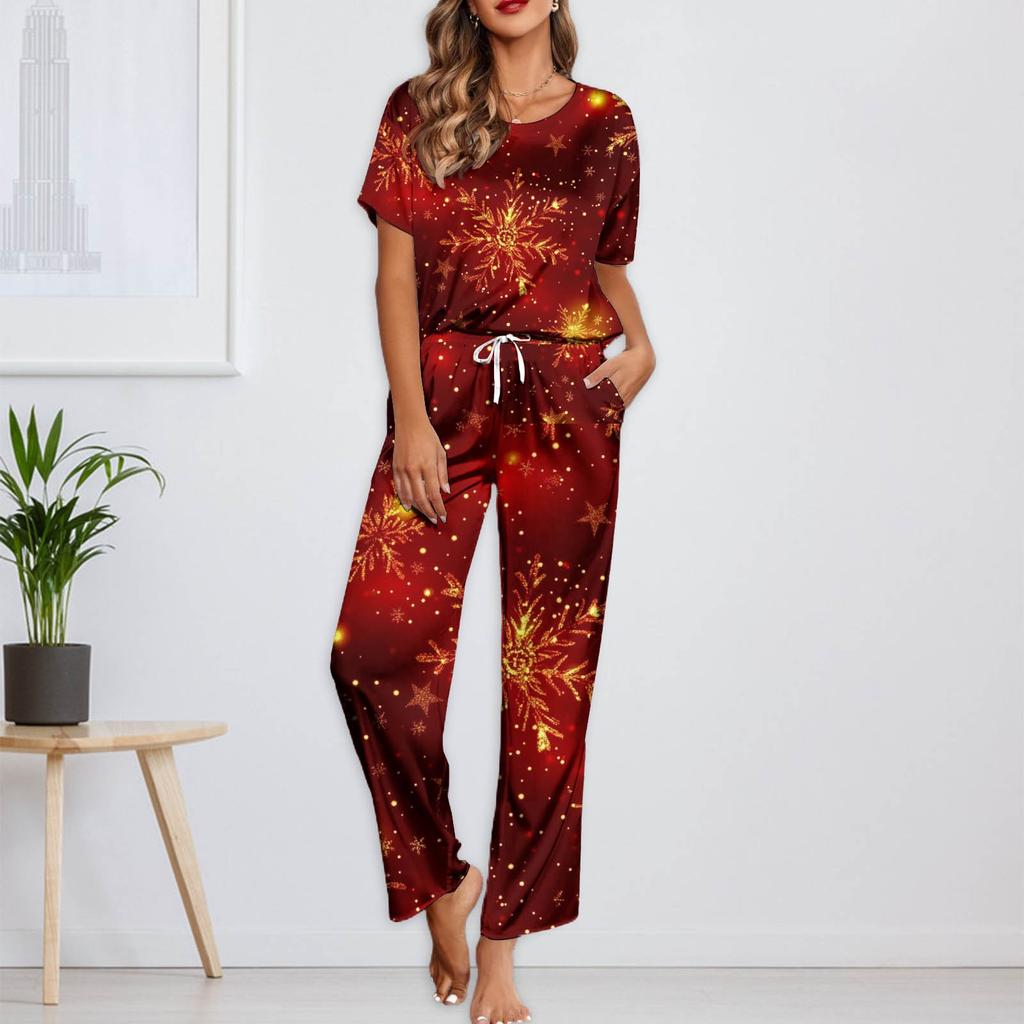 Женский шелковый атласный пижамный комплект с рождественским принтом, рубашка с коротким рукавом и длинные пижамные штаны, мягкая домашняя одежда