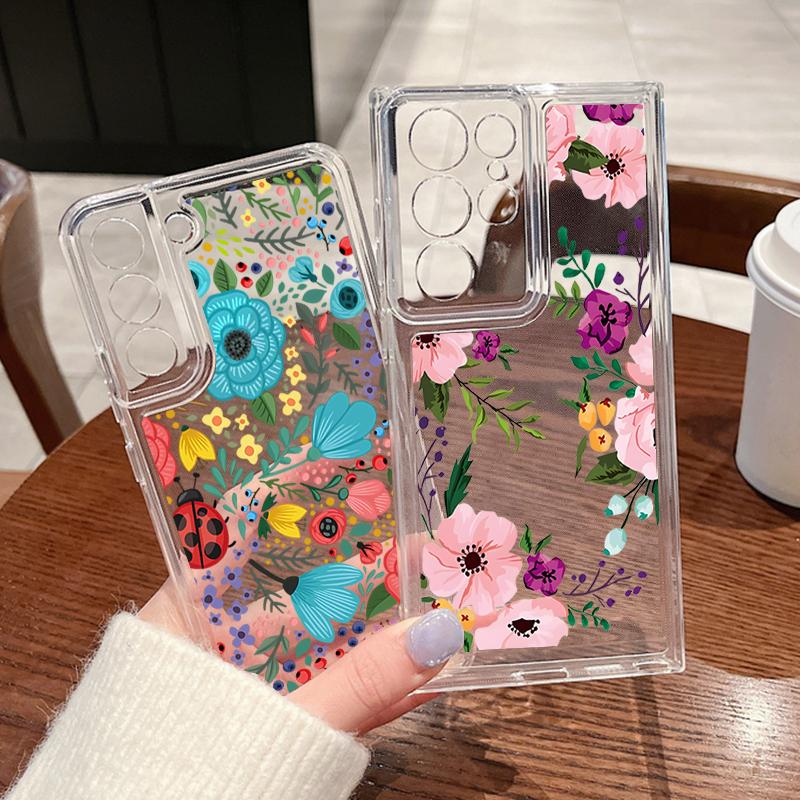 Flower Print Transparent Phone Case For Samsung Galaxy S25 S24 S22 Ultra S23 S24 FE A17 A56 A16 A36 A26 A55 A15 A25 A54 5G Shockproof Soft Back Cover