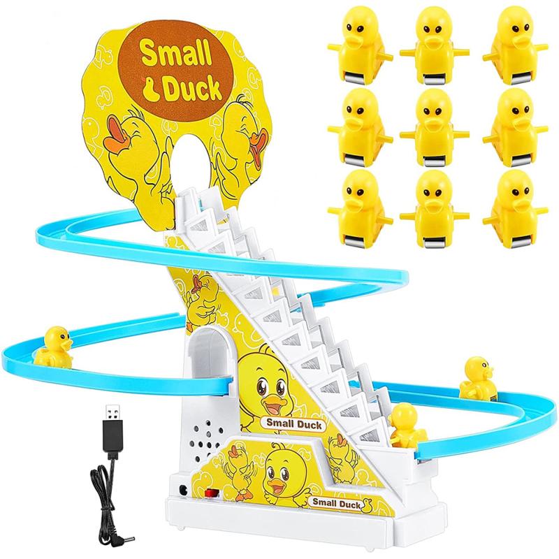 Little Yellow Duck Climb Stairs Toy Electric Track Slide Stairs Roller Coaster Toy With Led Lights