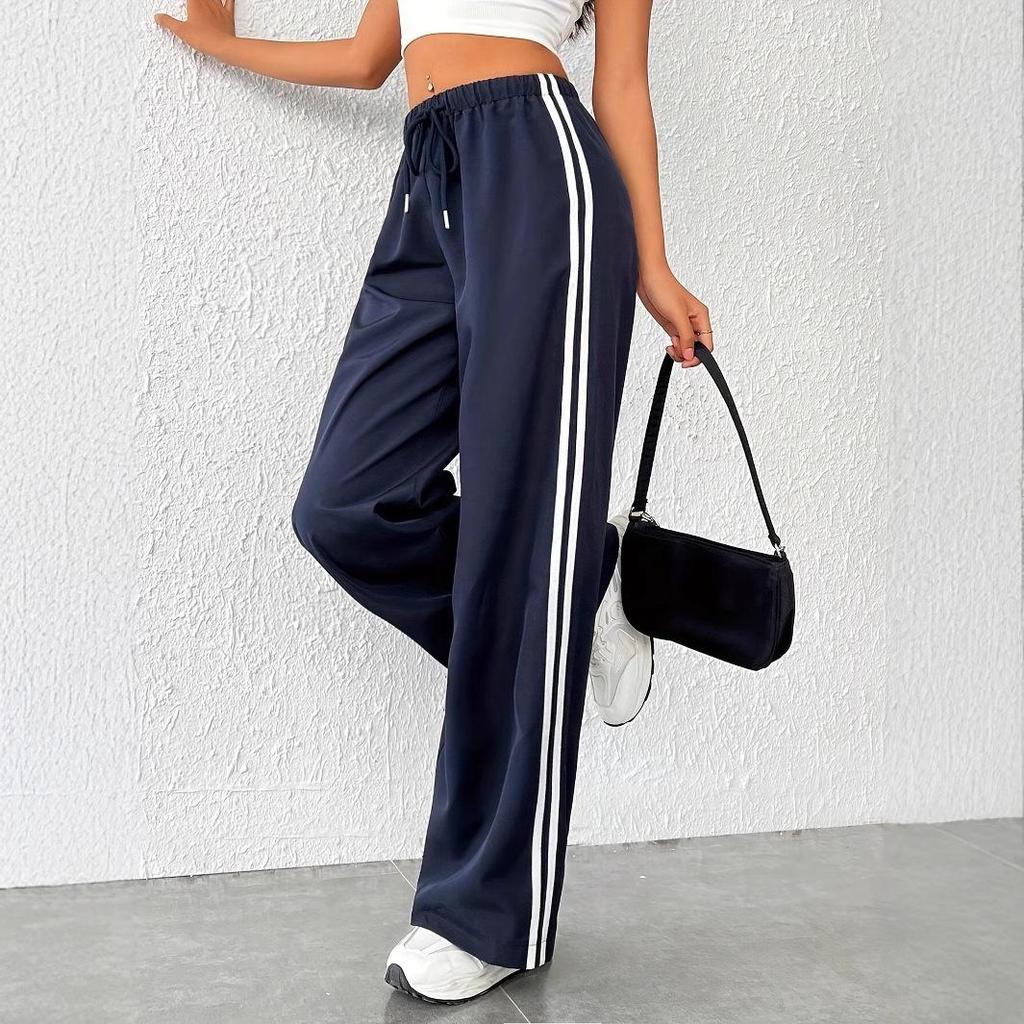 Весенние женские брюки на резинке с кулиской и боковыми полосками - Повседневная спортивная одежда с высокой посадкой и прямыми штанинами