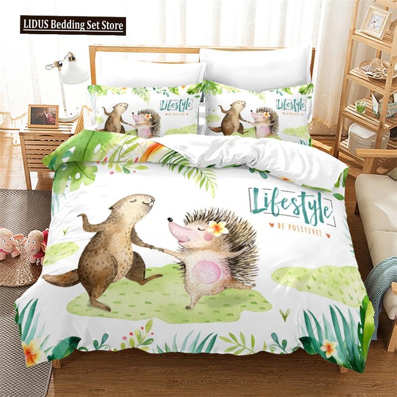 Hedgehog Bedding Set Cute Kawaii Wildlife Comforter Cover With Pillowcases For Kids Boys Girl Polyester Bedding Set King Size