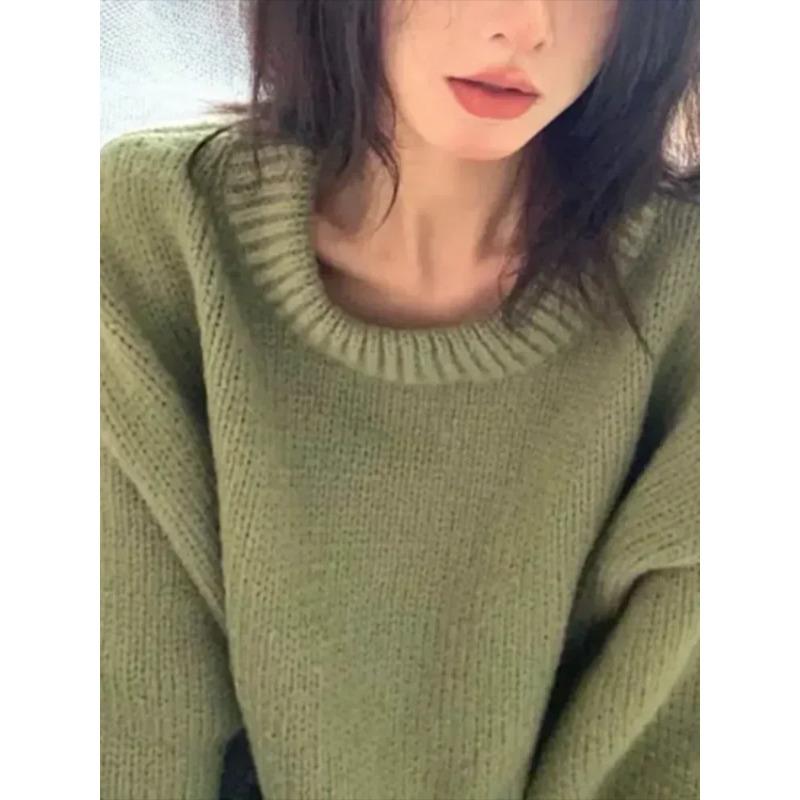 Зеленые свитера в стиле преппи, женские винтажные трикотажные пуловеры с длинным рукавом, женские повседневные свободные однотонные свитера с круглым вырезом