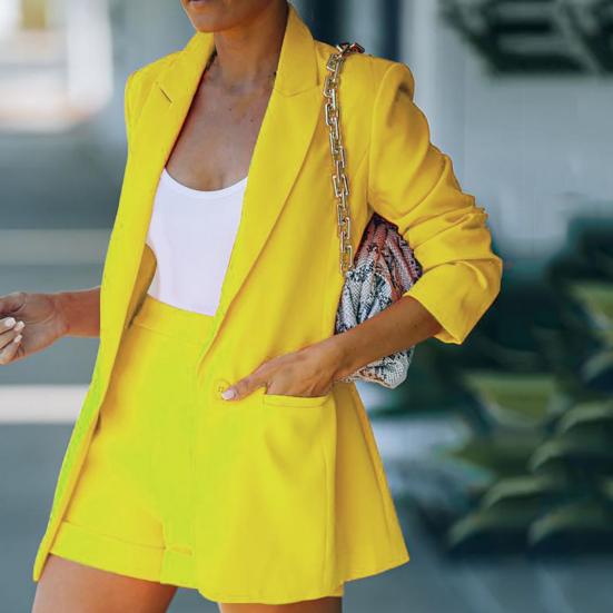 Женский костюм, однотонный кардиган с лацканами, блейзер, летняя куртка, шорты, костюм, уличная одежда, 2 шт./компл.