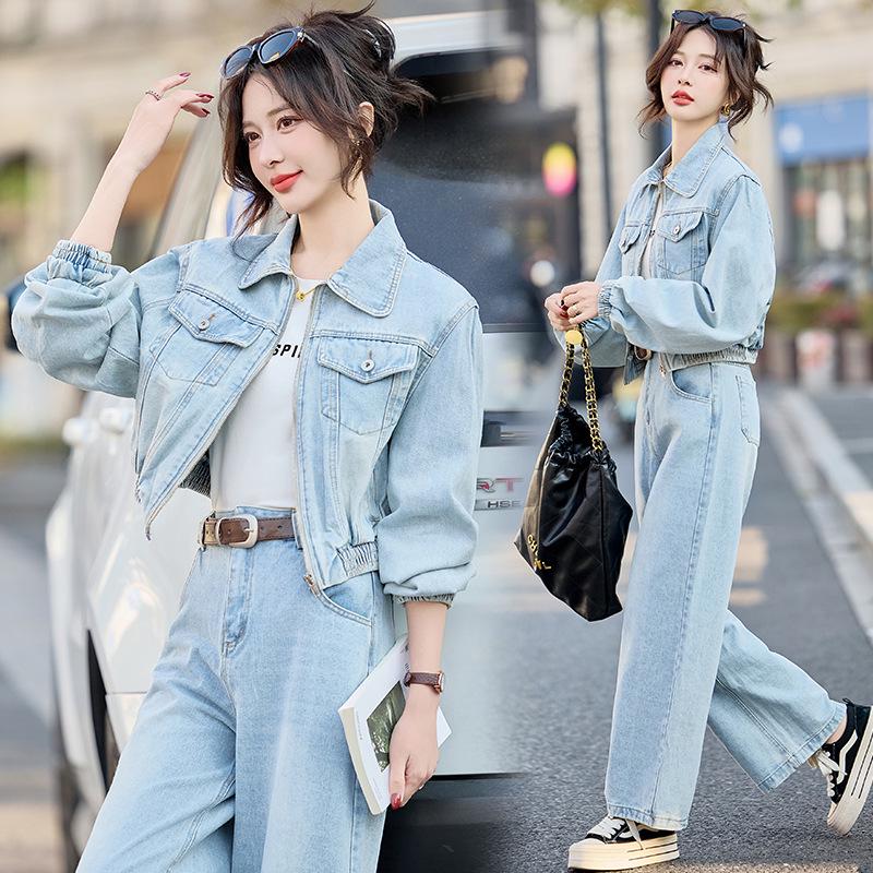 Женский ретро джинсовый комплект на весну/осень 2025 года: куртка и брюки прямого кроя
