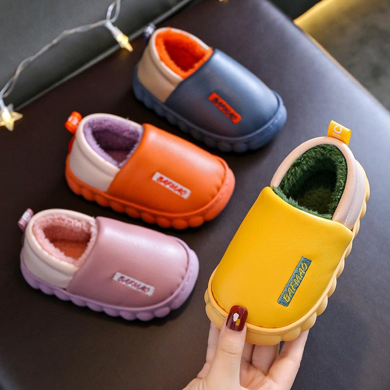 Winter PU Waterproof Children Cotton Slippers Girl Parent-child Warm Baby Slippers Home Indoors Shoes Solid Boy Bedroom Slippers