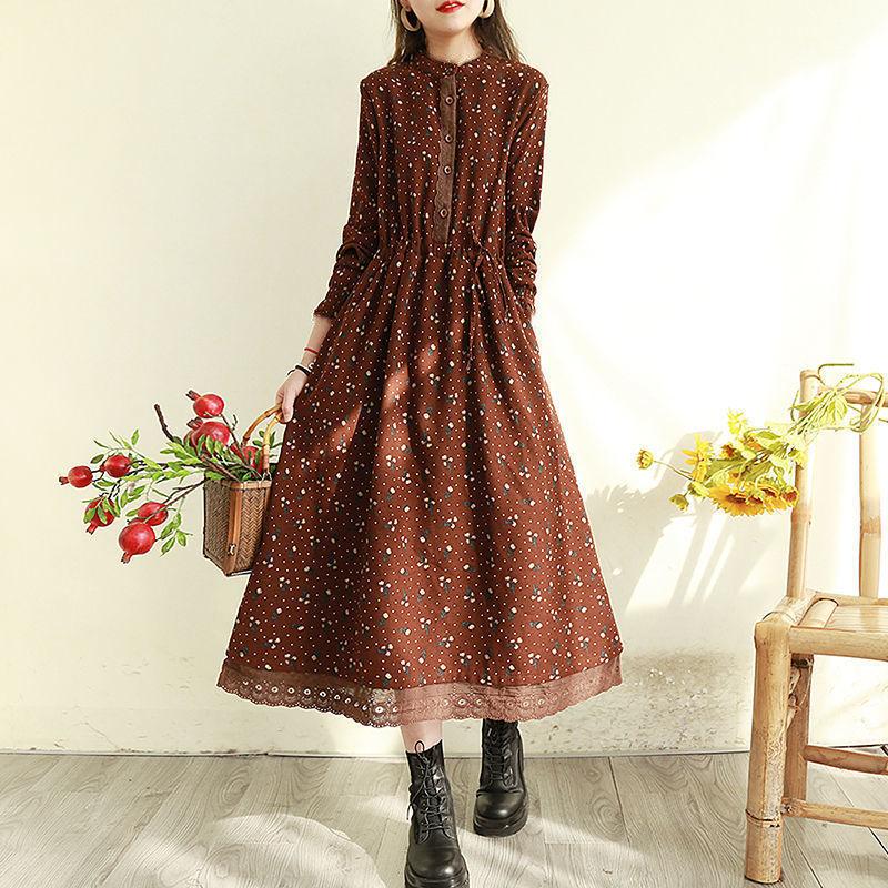 Women's Fashion Spring Fall Flower Pattern Print Long Sleeve Half Turtleneck Loose Waistline Casual Dresses
