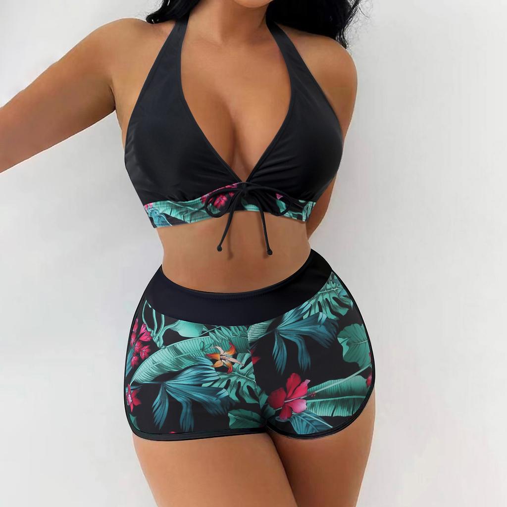 Women's Paneled Printed Swimsuit Ladies Split Boxer  High Waist Swimsuit Two-Piece Set