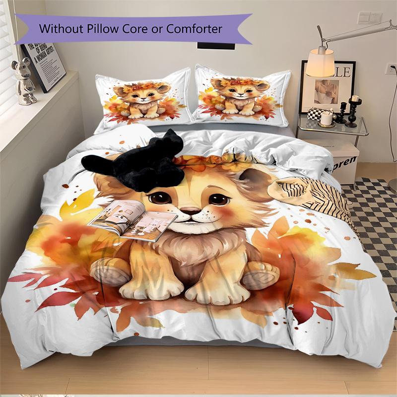 3pcs Lovely Little Lion Print Cover Set Ultra Soft, Breathable, and Comfortable Bedding with Stylish Design for Bedroom and Guest Room Decor 1 Co