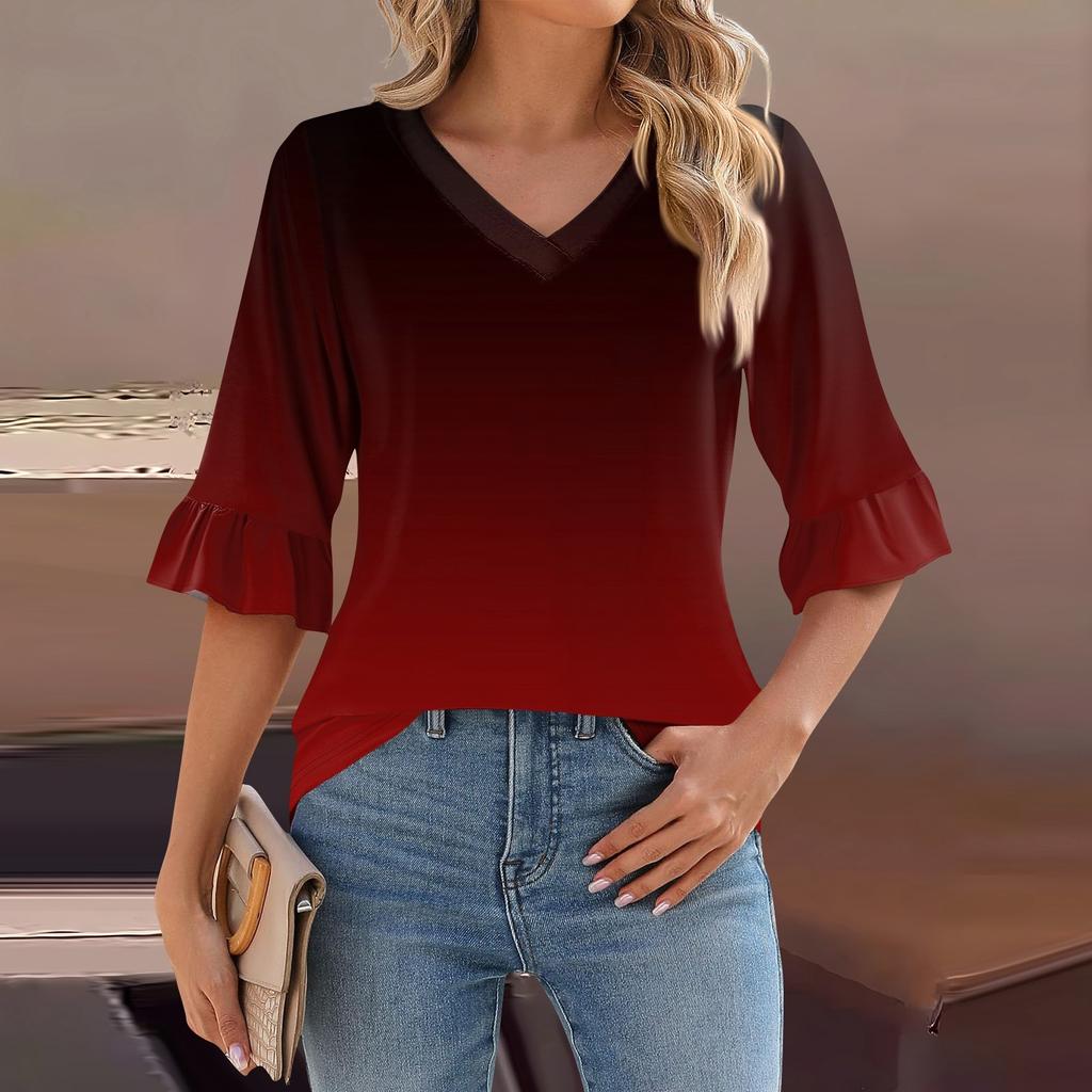 Женский повседневный топ с рукавами 3/4, летняя футболка с v-образным вырезом и пышными рукавами