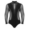 Mens Figure Skating Bodysuit Mock Neck Long Sleeve Sheer Mesh Patchwork Colorful Rhinestones Latin Dance Leotard