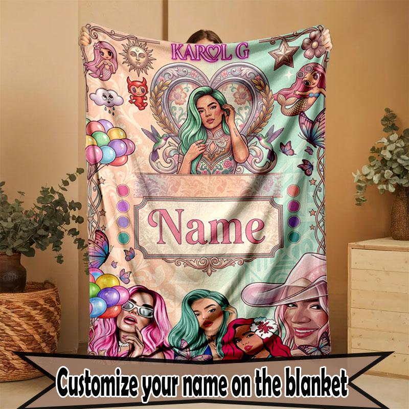 Custom Name Personalized Karol G Print Blanket, Home Decor, Bedroom, Sofa, Camping, Couch, Gifts for Birthday Christmas