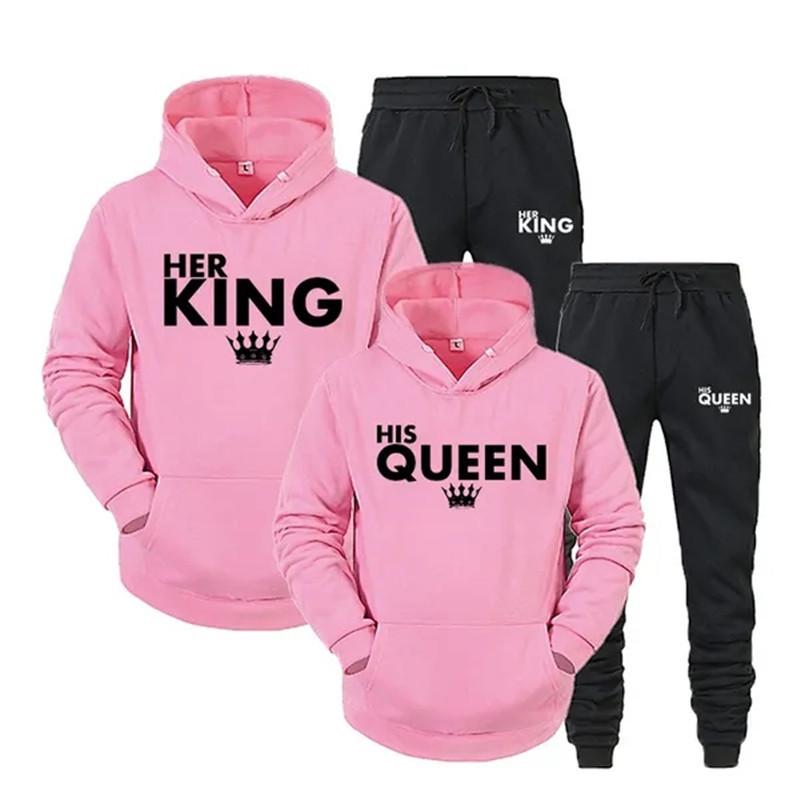 Lover Outfit Her QUEEN or His KING Printed Tracksuits Couple Hoodies Suits Hooded Sweatshirt and Sweatpants Two Piece Set S-4XL