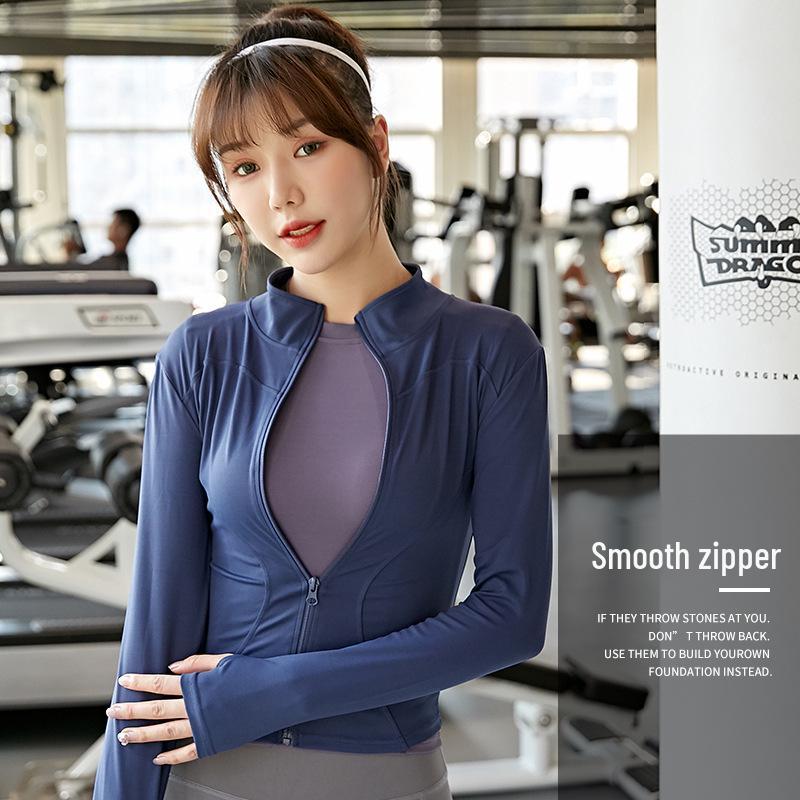 Персиковая фитнес-куртка: Быстросохнущий спортивный топ с длинным рукавом и молнией, со стойкой воротником, для йоги весной и осенью