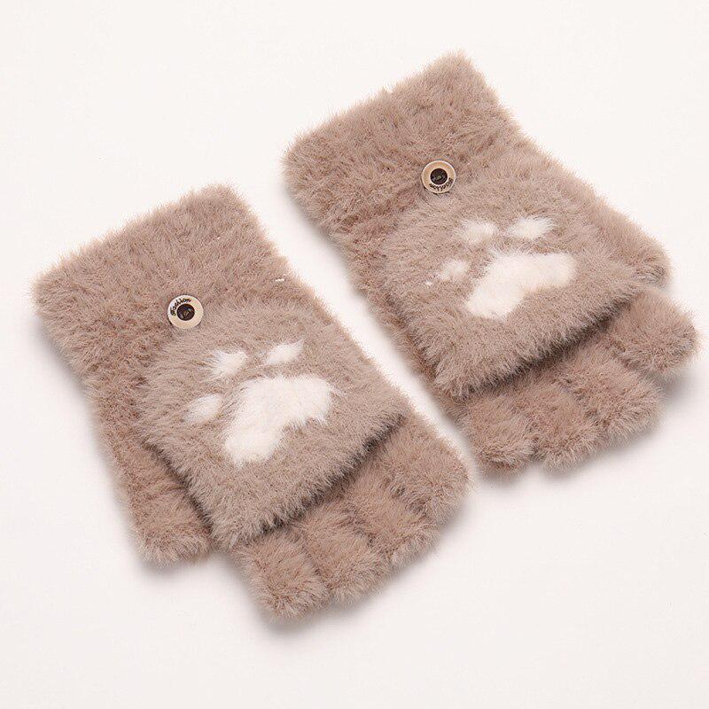 Winter Warm Soft Rabbit Fur Knit Mittens Women Flip Half Finger Plush Thick Cute Cartoon Cat Claw Touch Screen Driving Gloves I1