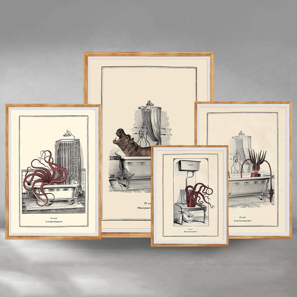 Vintage Octopus Penguin Orangutan Printing Funny Toilet Wall Art Canvas Painting Poster Gothic Steampunk Home DecorationPictures