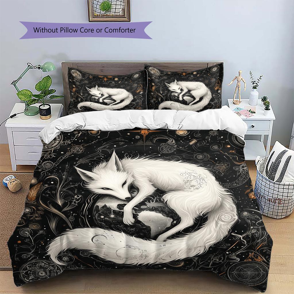 Black and white fox Pattern Bedding Quilt Set Quilt Cover Pillowcase Home Decoration Gift (1 * duvet cover + 2 * pillowcase, without core)