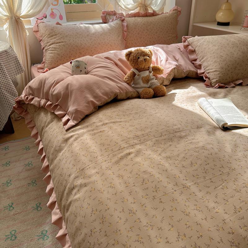 Cloud cotton bed four-piece set, double-layer yarn washed cotton quilt cover, small floral quilt cover, bed sheet, student dormitory three-piece set