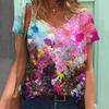 Fashion Spring Rendering Print Blouses Short Sleeved V-Neck T Shirts Casual