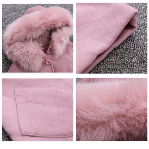Осенне-зимнее модное утепленное шерстяное пальто с большим меховым воротником для девочек, длинная куртка, топы, розовое шерстяное пальто, детская одежда