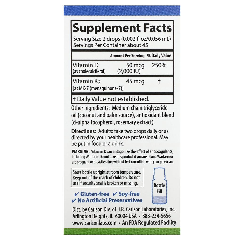 Super Daily® D3 + K2, 50Mcg (2,000Iu) & 45Mcg, 2.54Ml (0.086Fl Oz)