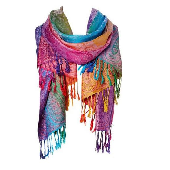 Imitation Wool Shawl Rainbow Color Art Printing Wrap Scarf with Tassels Women Poncho Shawl Blanket Scarf