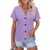 Women's Fashion Short-sleeved V-neck Solid Color Top Casual Button T-shirt