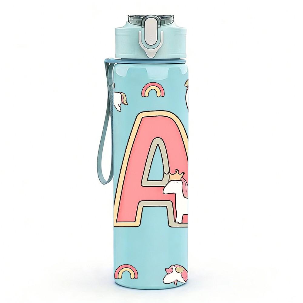 1PC Pastel Heart Letter A Pattern 750ml Color Plastic Sports Water Bottle Leakproof Flip Straw Lid Suitable for Sports Office Home Use