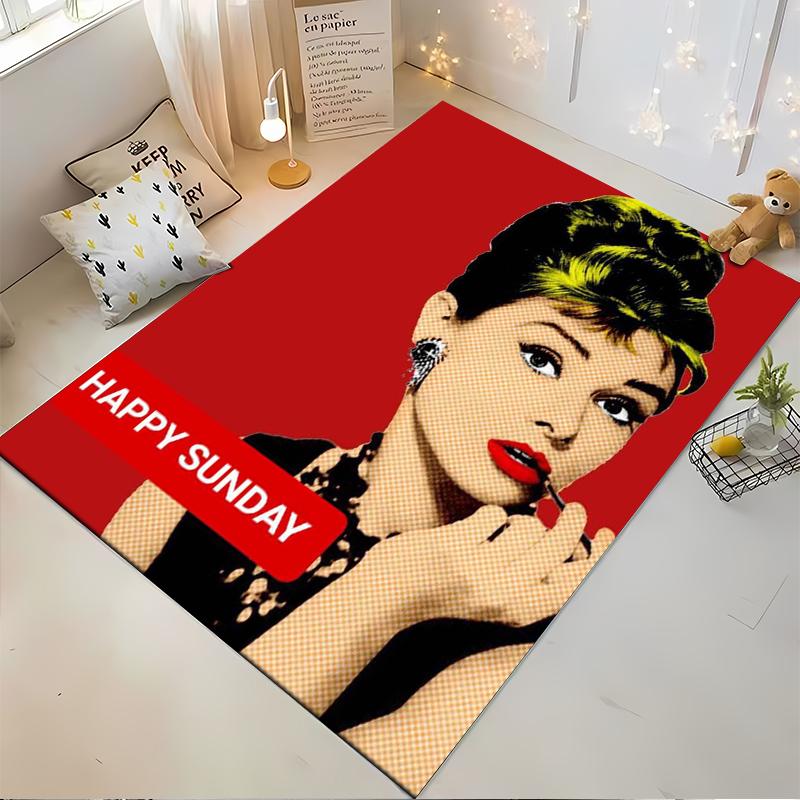 Pop Art Style Woman with "Happy Sunday" Text, Non-slip rug suitable for living room and bedroom sofas.