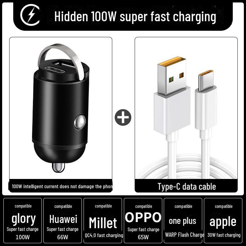 Автомобильное зарядное устройство с двумя портами USB-C мощностью 100 Вт и скрытым вытяжным кольцом — сверхбыстрая зарядка и многофункциональный дизайн