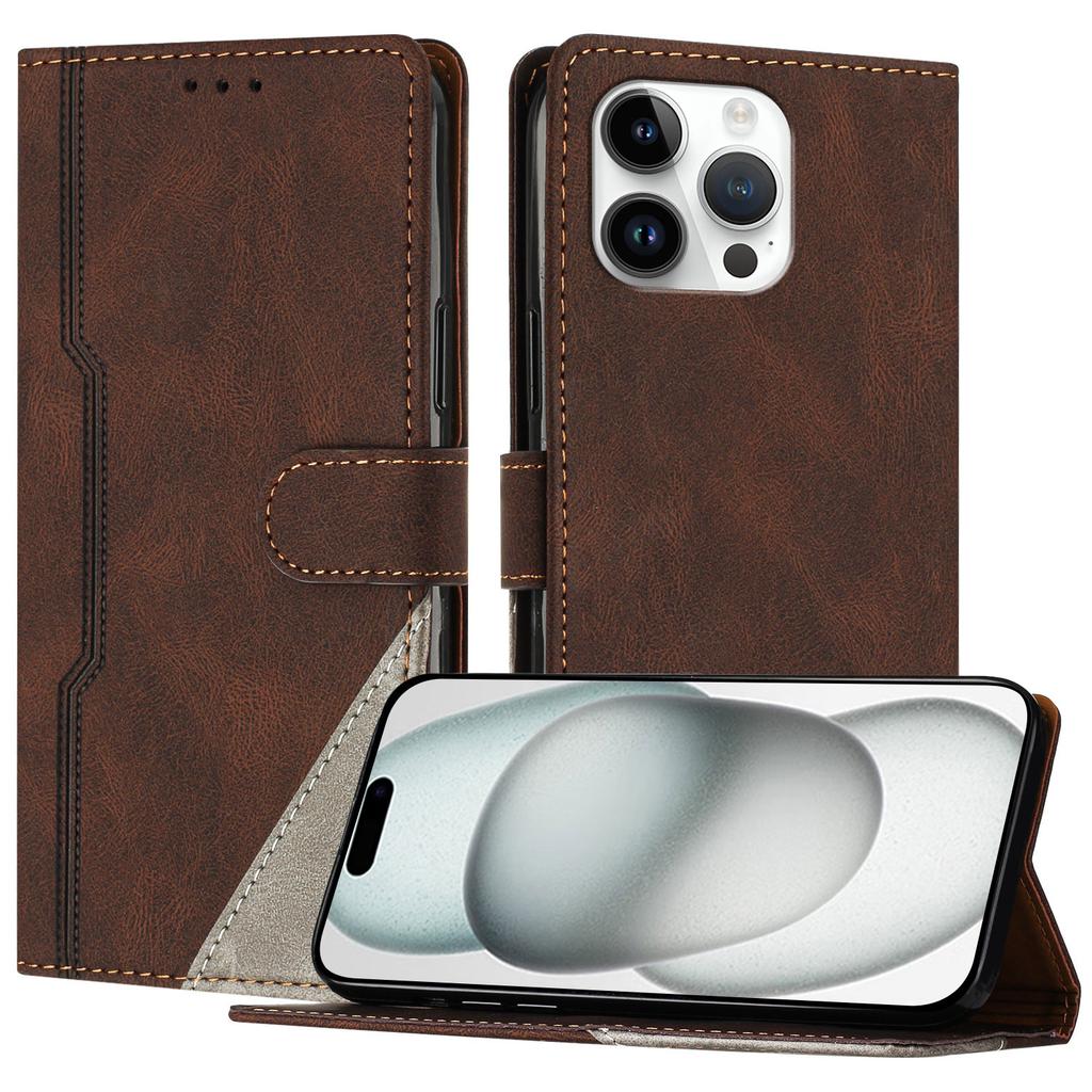 For iPhone 15 Pro Max Leather Case Triangle Patchwork Wallet Stand Shockproof Phone Cover