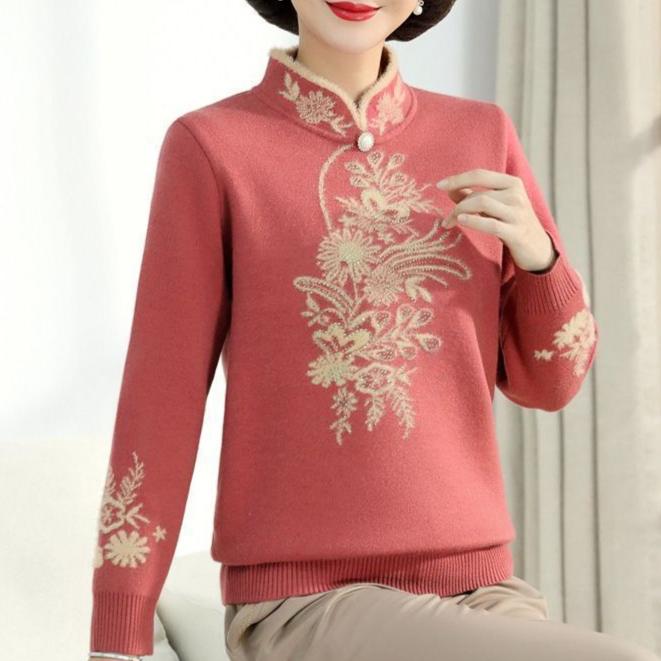 Осень Зима Женский Свитер из Норкового Флиса Свободный Большого Размера Вышитый Пуловер Флис Утепленный Вязаный Топ