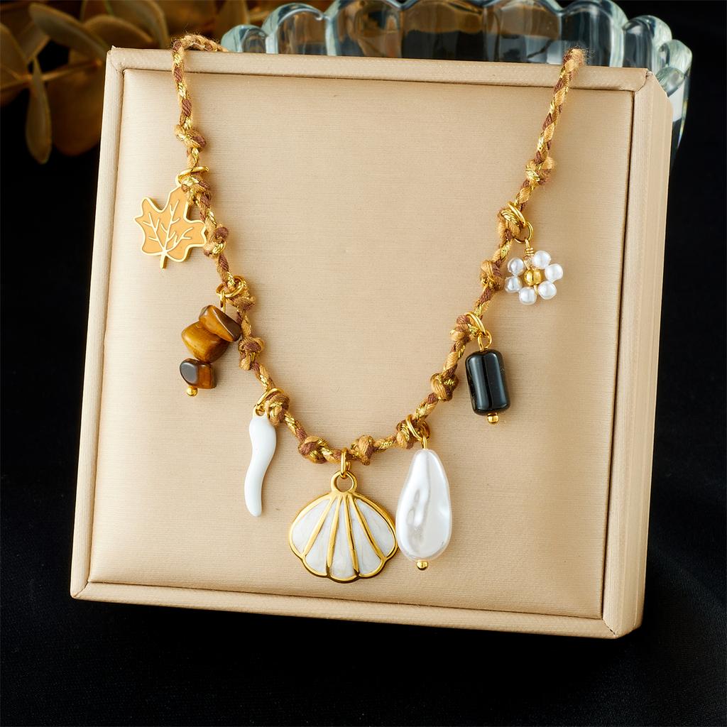 316L Stainless Steel Novelty Design Maple Leaf Pearl Flower Shell Pendant Necklace Women Advanced Texture Neck Chain