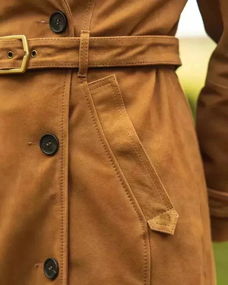 Натуральная овчина Ручная работа Длинное вечернее Стильное женское Коричневое Тренч Замшевая кожа