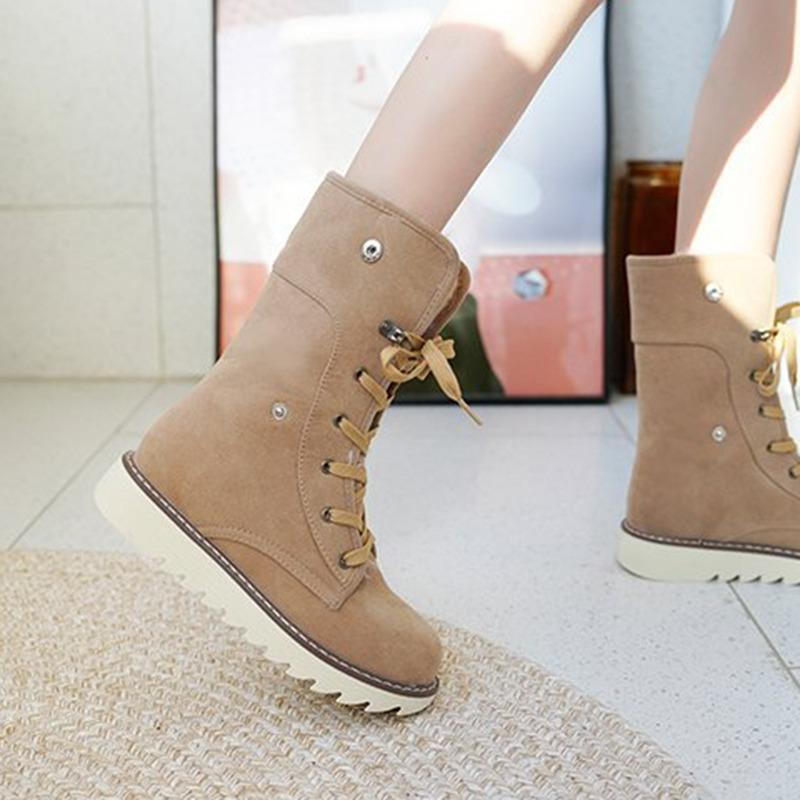 Snow Boots Women Suede Furry Solid Color Round Toe Lace Up Flat Cotton Shoes Winter Casual Plush Fur Warm Platform Ankle Boots