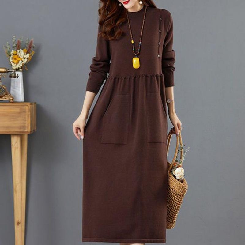 Осенне-зимняя вязаная женская длинная юбка до колена с пальто под и внешним карманом и пуловером с круглым вырезом