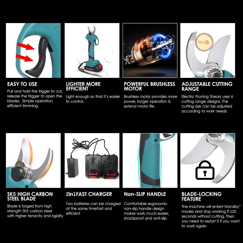 Бесщеточные аккумуляторные электрические секаторы 21 В, 2 упаковки, резервная перезаряжаемая литиевая батарея 2000 мАч